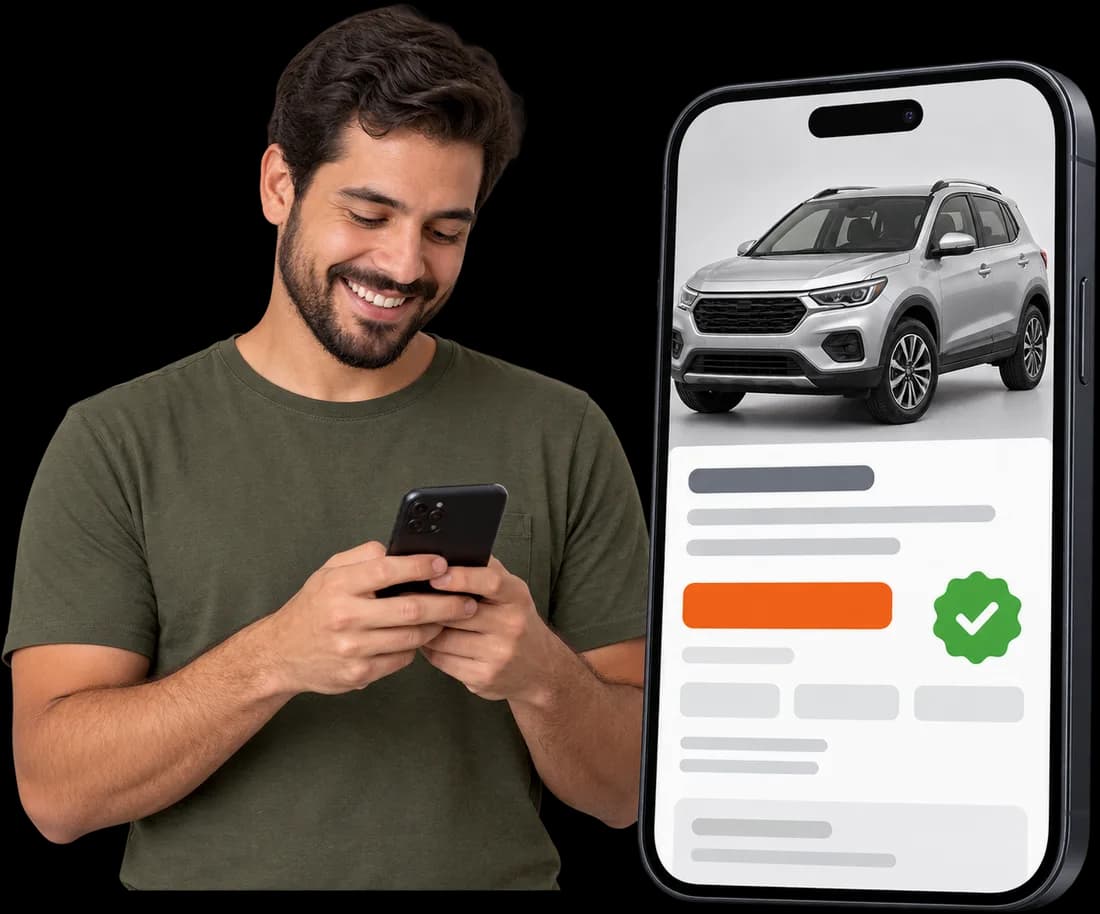 Pessoa sorrindo ao ver o anúncio do carro publicado no celular